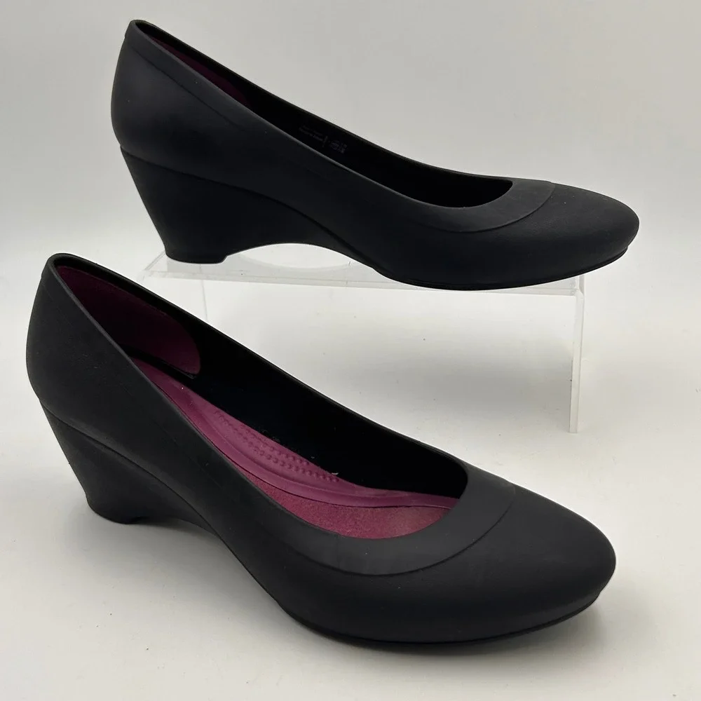 Crocs Lina Wedge Women 7 Black Low Heel Pump Dual Comfort 203408 Office Work